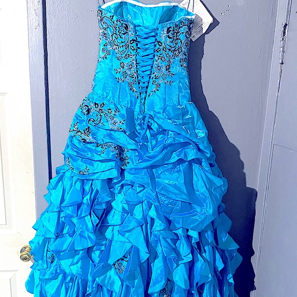 Strapless Ocean blue with Black Embroidery BALL GOWN - Picture 6 of 10